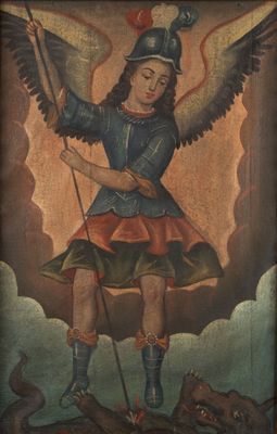 an old painting of an angel holding a spear and a dragon