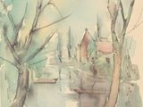 une aquarelle représentant un bateau sur une rivière