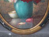 a picture of a painting of flowers in a blue vase
