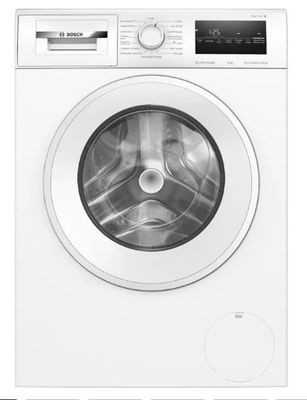 une machine à laver blanche posée sur un comptoir blanc