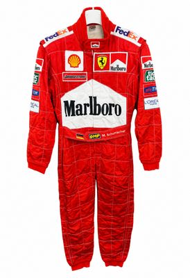 a red racing suit with logos on the chest and sleeves