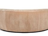 an image of a round ottoman with a wooden base on a white background