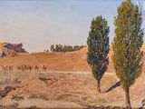 une peinture à l'huile représentant deux arbres dans un champ, avec une montagne en arrière-plan