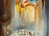 an oil painting of a stage with horses running through it