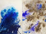 two pictures of blue and brown paint on a piece of paper
