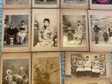 several old black and white photos of people sitting on a bed