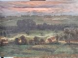 an oil painting of a landscape with houses and trees in the distance