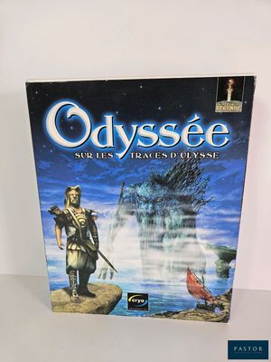 the cover of the book odysseye, featuring a man standing on top of a mountain