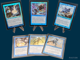 several cards are displayed on a small easer on a blue background