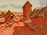 un tableau représentant un petit village au milieu du désert