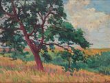 une peinture à l'huile représentant un arbre dans un champ, avec un ciel bleu en arrière-plan