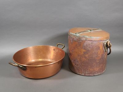 pair of antique copper pots and pans with handles and handles