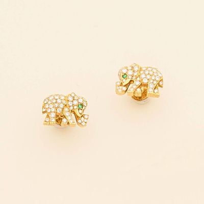 pair of diamond and emerald elephant earrings