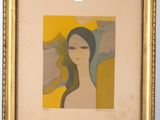 an image of a painting of a woman with a yellow background