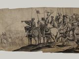 a drawing of a group of men on horses