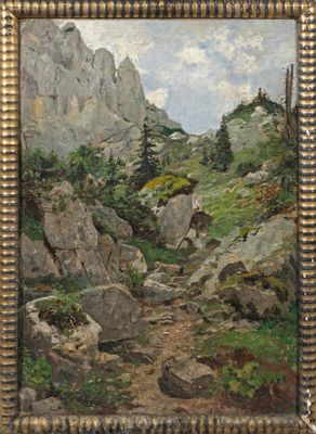an oil painting of a mountain scene with rocks and trees