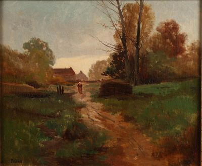 tableau représentant une route de campagne avec deux chevaux au loin