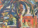 an oil painting of a palm tree in a park with buildings in the background