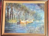 a painting of a boat on the water with trees in the background