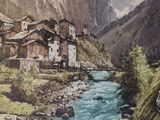 a painting of a mountain village with a river running through it