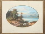 une image d'une peinture représentant une scène de rivière avec un bateau dans l'eau
