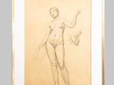 a drawing of a nude woman holding a knife in her right hand