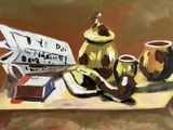 a painting of a painting of a table with a book and a teapot