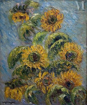 une peinture de tournesols dans un vase sur une table