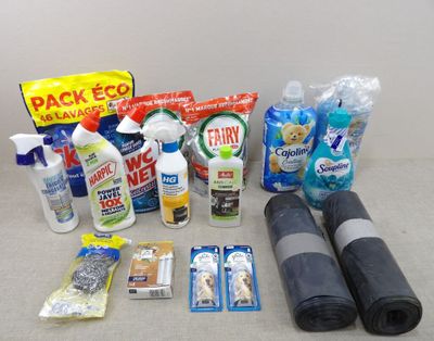 a lot of cleaning products that are on the table