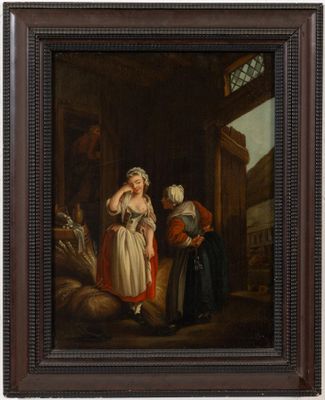 a painting of a woman in a white dress talking to a man in a red dress
