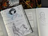 a book with a drawing of a woman riding a horse