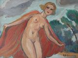 an oil painting of a woman in a red cape standing on a beach