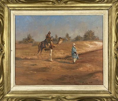 une peinture à l'huile représentant un homme chevauchant un chameau dans le désert