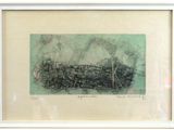 drawing of a boat in a body of water with trees in the background