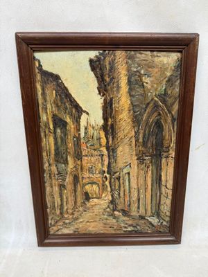 peinture à l'huile d'une scène de rue avec des bâtiments en arrière-plan