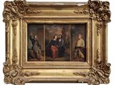 une image représentant un tableau montrant un groupe de personnes, dans un cadre doré