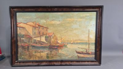 an oil painting of a harbor scene with boats in the water