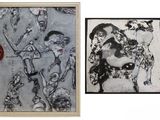 two paintings of a man and a woman in black and white on a white background
