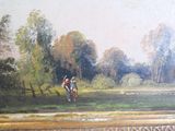 une peinture représentant un homme à cheval dans un champ