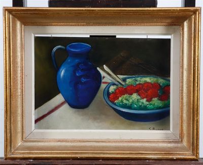 a painting of a bowl of strawberries and a blue vase