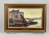 an oil painting of boats in a harbor with a building in the background