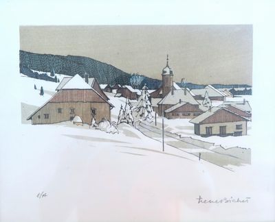 tableau représentant un village enneigé avec le clocher d'une église en arrière-plan