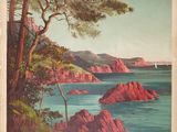 an old french travel poster of the coast with trees and rocks in the foreground