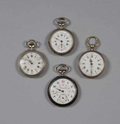 three silver pocket watches with roman numerals and roman numerals on them