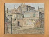 l'image d'une peinture représentant une scène de rue avec un bâtiment en arrière-plan