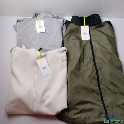 trois paires de vêtements pour homme posées sur une table blanche