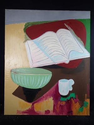 a painting of an open book and a bowl on a table