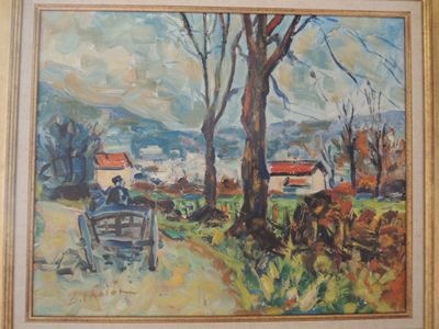 une peinture à l'huile représentant un homme assis sur un banc devant une ferme