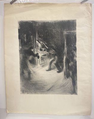 a black and white drawing of a person in a room