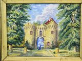 an oil painting of a woman in a blue dress standing in front of a castle